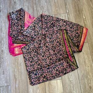 Elegant Black & Hot Pink Silk Saree Shawl 192” Paisley Formal Wedding Wrap